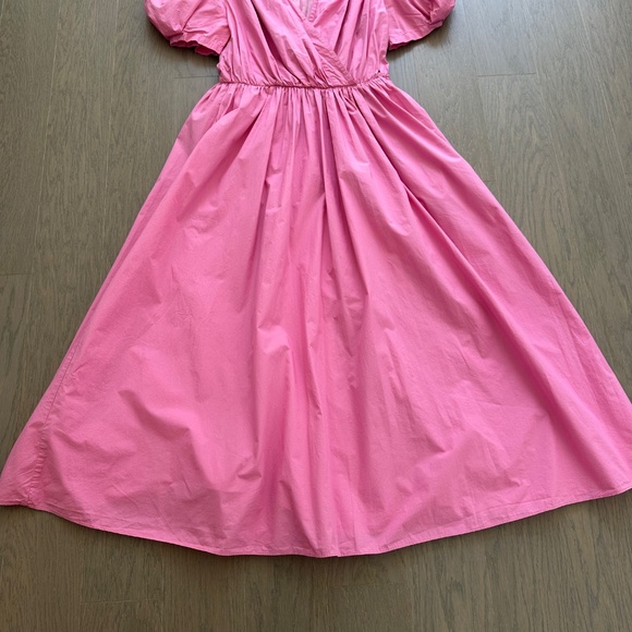 ARIAS Pink Poplin Gathered Shoulder Midi Puff Sleeve Dress - Size 0 - Picture 3 of 11